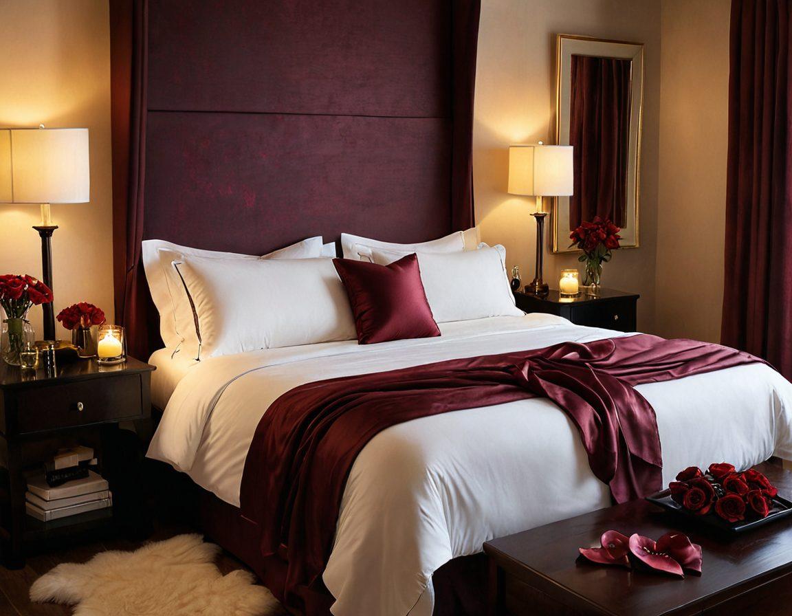A cozy, softly-lit bedroom with luxurious textures, featuring an elegantly arranged bed with silk sheets and plush cushions, surrounded by candles and rose petals to create an atmosphere of intimacy. Include subtle hints of sensual exploration, like a blindfold and feather on the bedside, and a glass of red wine on a nightstand. The overall mood should feel inviting, warm, and romantic, with gentle light illuminating the space. super-realistic. warm tones. soft focus.