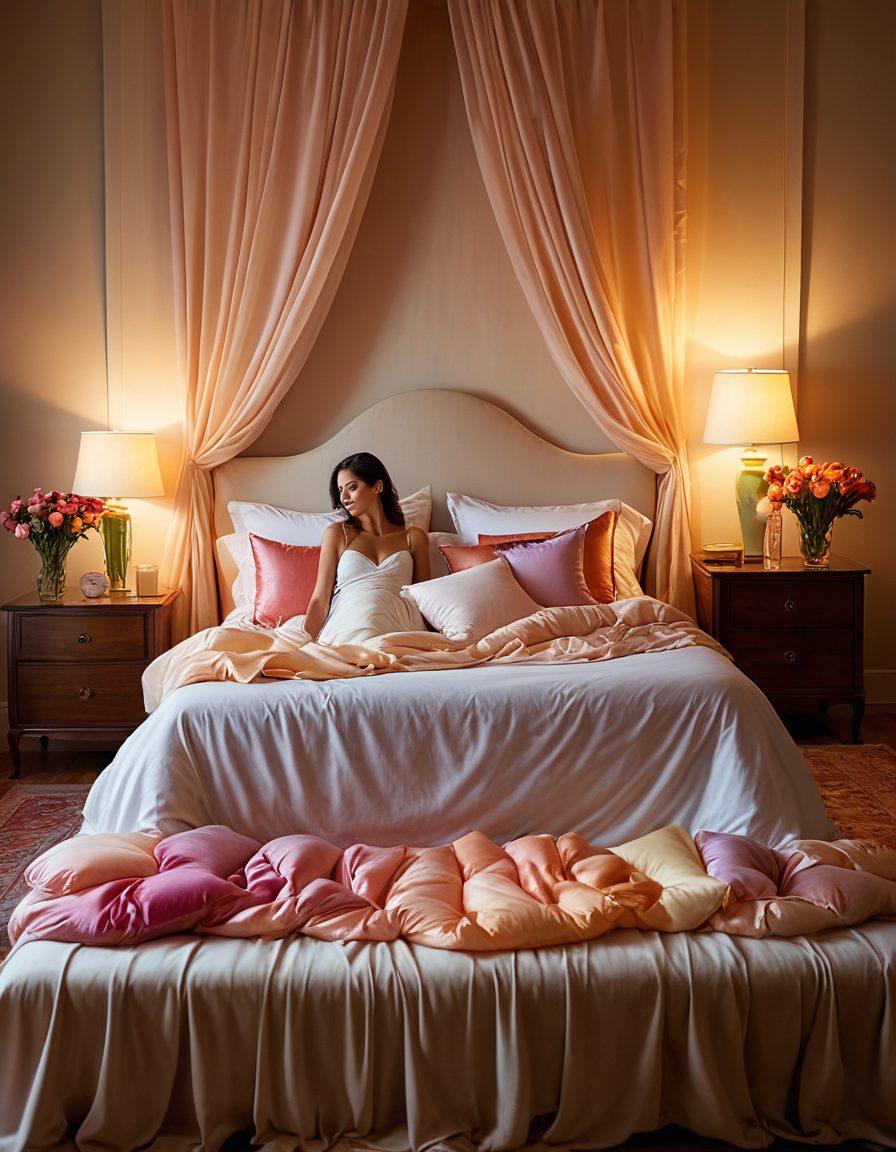 A serene and inviting bedroom setting filled with warm, soft lighting; a plush bed adorned with satin sheets and an array of colorful cushions. Delicate flowers in a vase on a bedside table, hinting at romantic intimacy. A silhouette of a woman enjoying a moment of self-discovery, surrounded by light wisps of fabric floating in the air. Elements of sensuality and intimacy are subtly integrated, encouraging exploration and passion. ethereal. soft focus. vibrant colors. intimate ambiance.