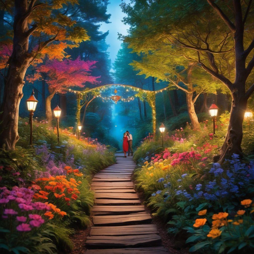 A whimsical, enchanting scene of a pathway leading through a vibrant, lush forest filled with colorful flowers and twinkling lights, guiding adventurers towards a mystical treasure chest overflowing with playful adult-themed items. Include silhouettes of couples laughing and exploring, creating a sense of adventure. The atmosphere should evoke curiosity and excitement. vibrant colors. whimsical art.